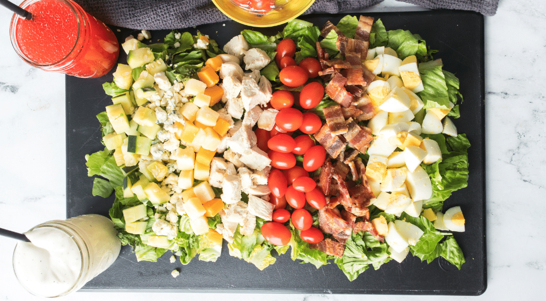 Overhead view of Cobb salad board
