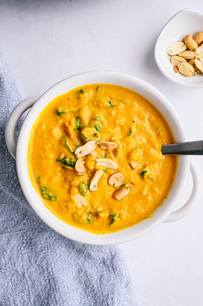made with coconut milk for a creamy sweet potato soup