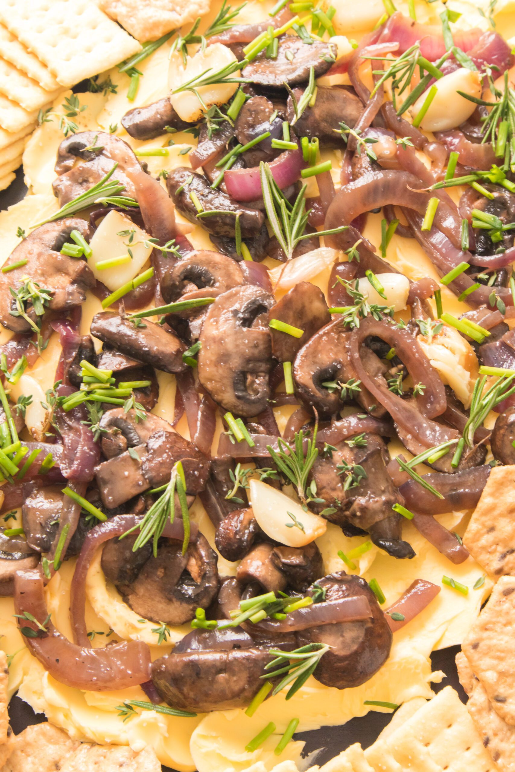close up shot of a butter board with mushrooms and onions