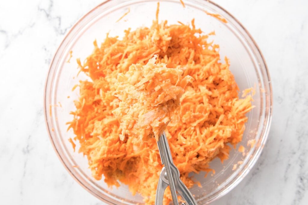 cookie scoop with sweet potato mixture for sweet potato latke