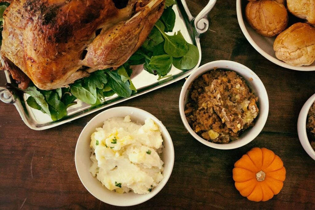 Turkey, mashed potatoes, and stuffing