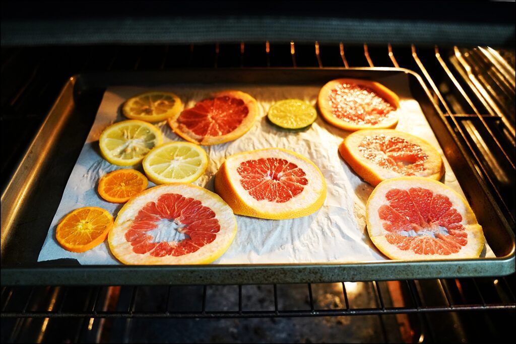 Dehydrate Citrus in Oven - slices on baking sheet