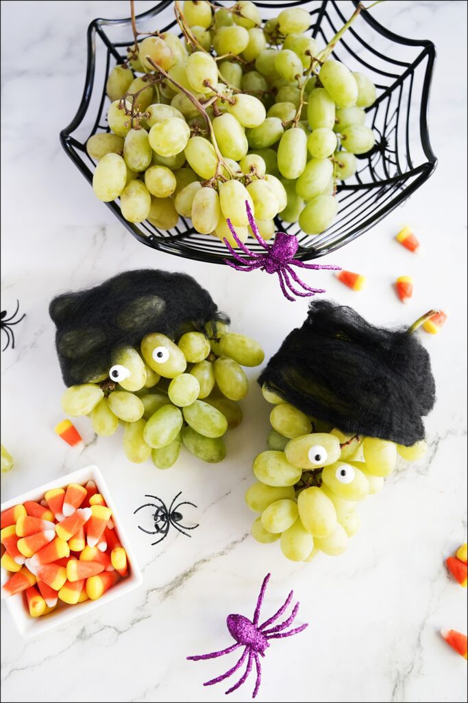 frankenstein grapes with candy eyes and black spider web