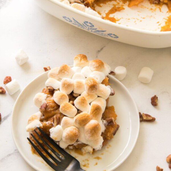 vertical overhead shot of sweet potato casserole with marshmallows