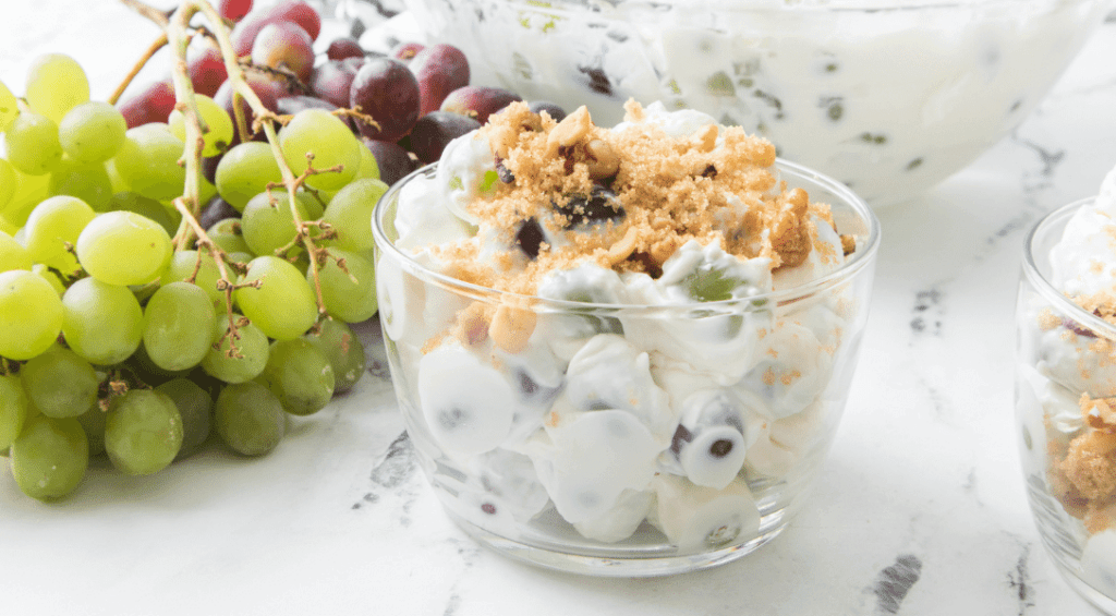 Grape Salad in clear dish with grapes