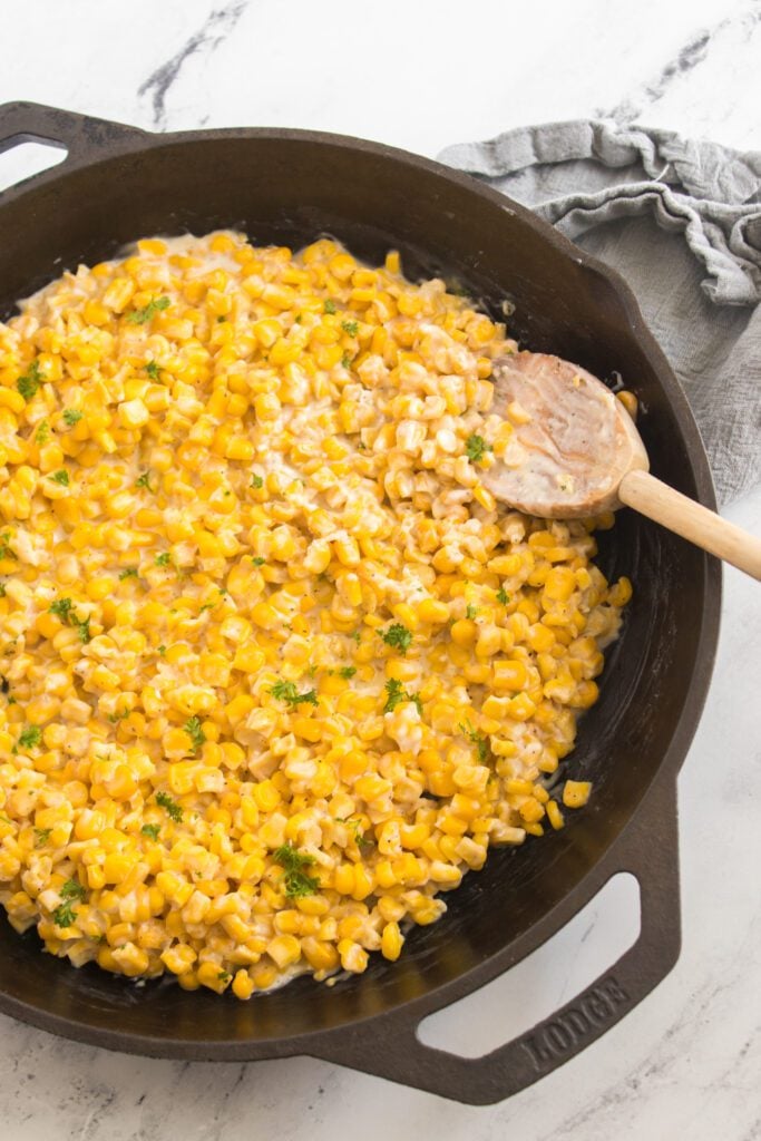 Vertical image of corn in skillet