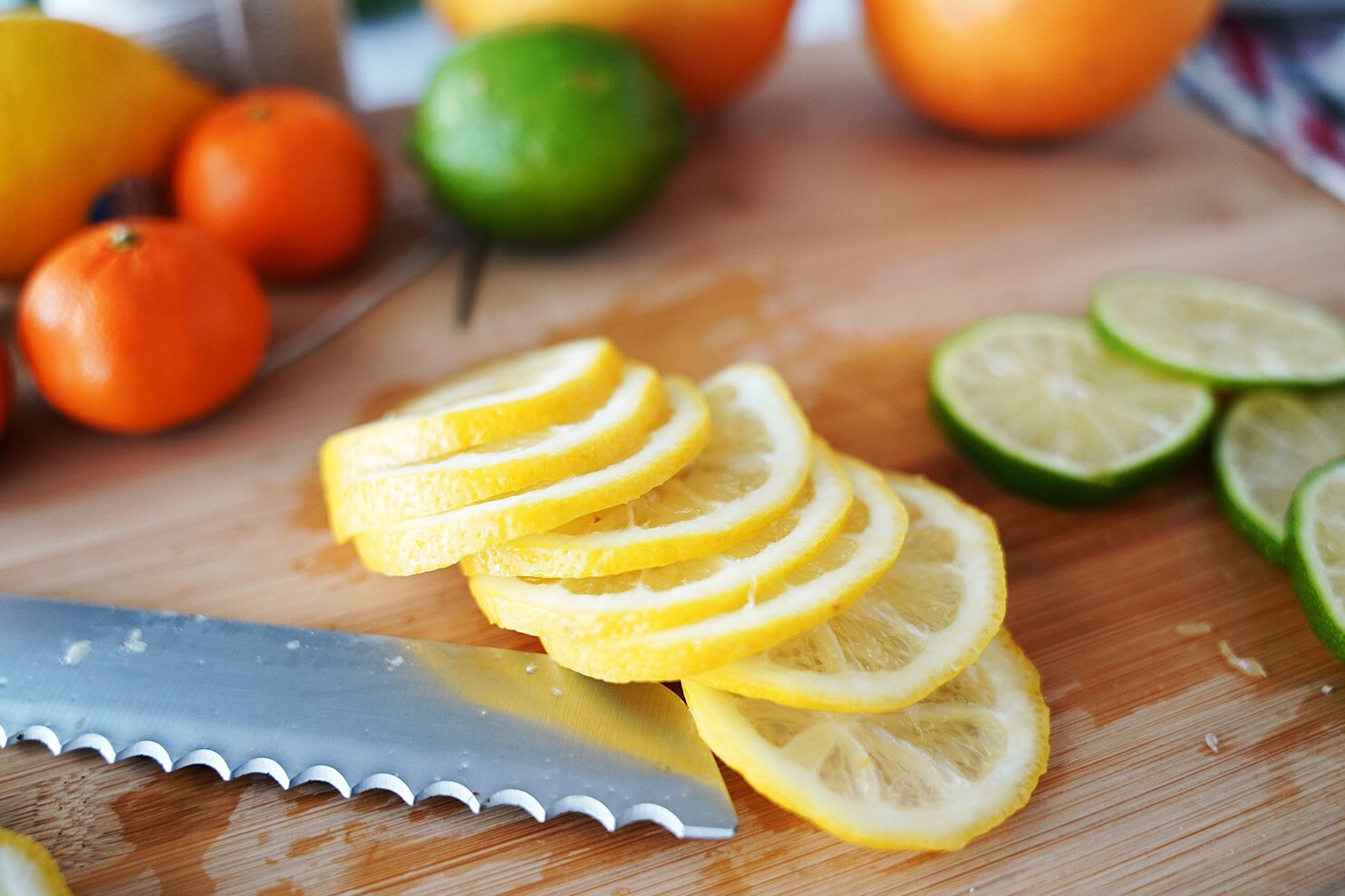 Round citrus slices on cutting board