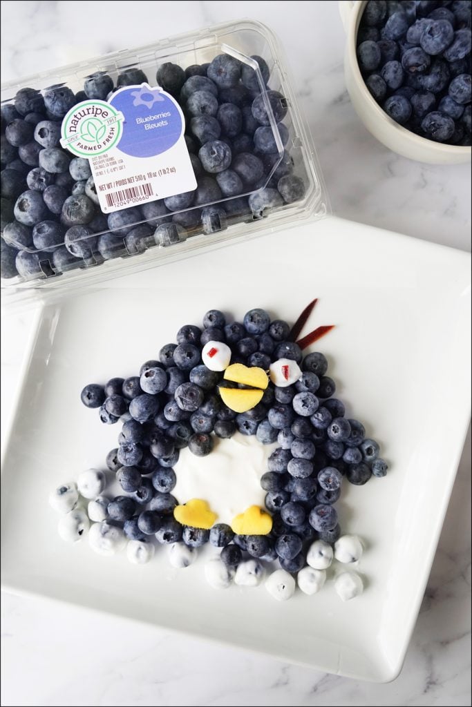 penguin made from blueberries on a white plate
