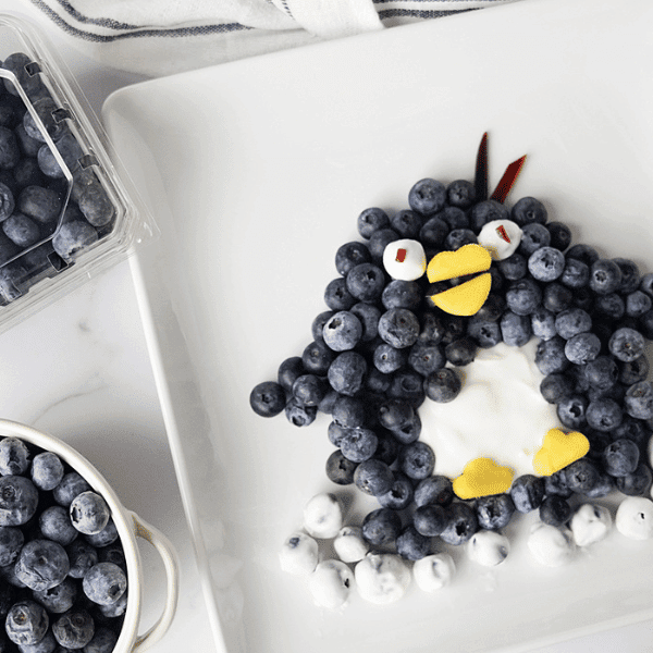 Penguin made from blueberries with blueberries in a cup and in a Naturipe package