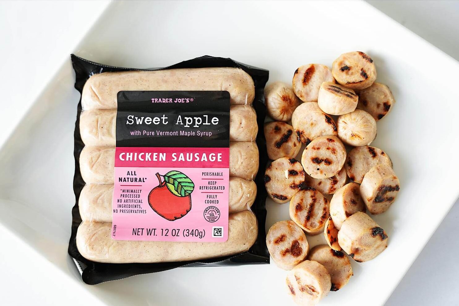 Trader Joe's Apple chicken sausage in package and on plate