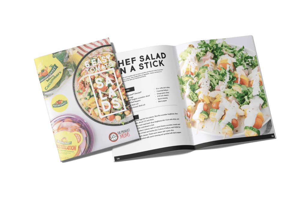 6 Easy Tomato Salad Recipe eBook cover + image of Salad on a stick