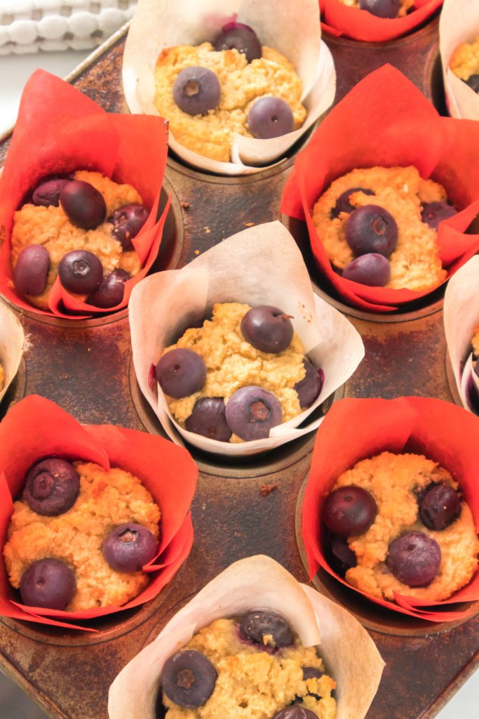 vertical close up shot of baked blueberry keto muffins