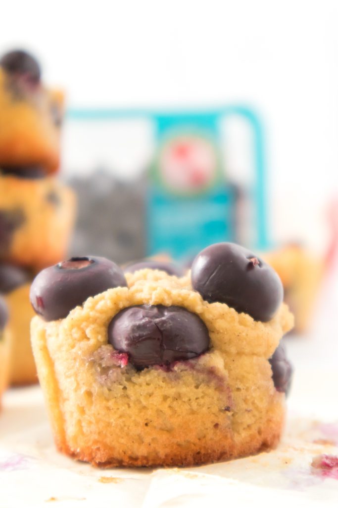 vertical close up shot of keto blueberry muffin with blueberries in background