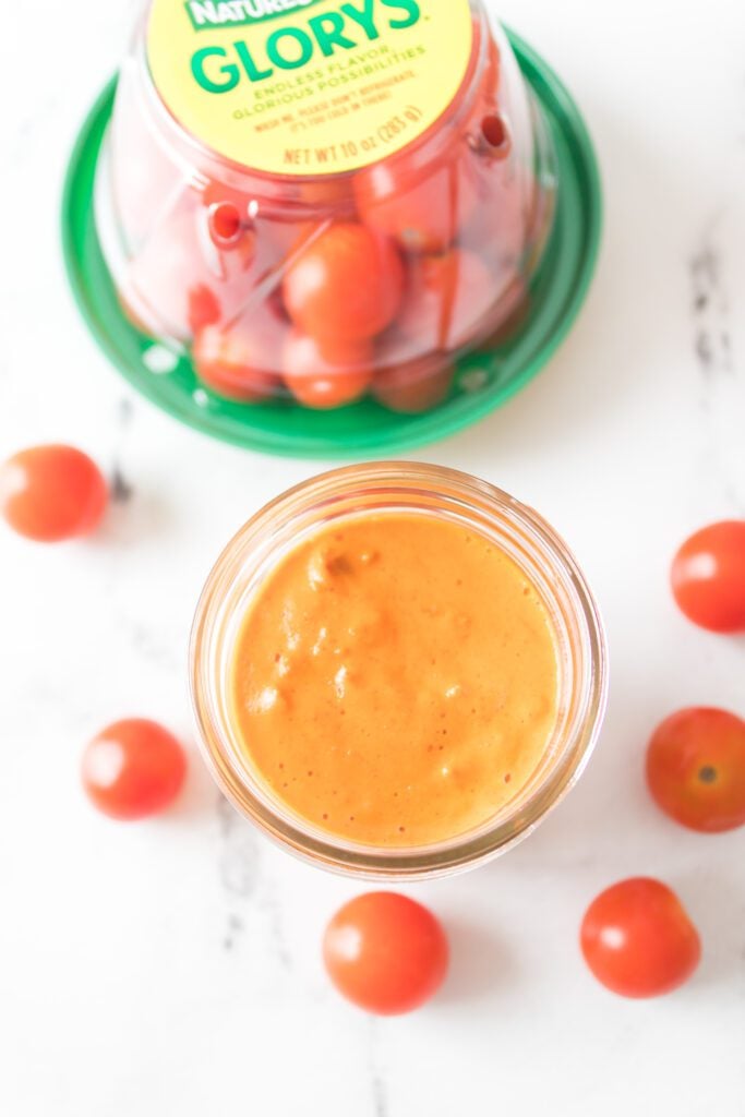 tomato aioli in mason jar with naturesweet tomatoes