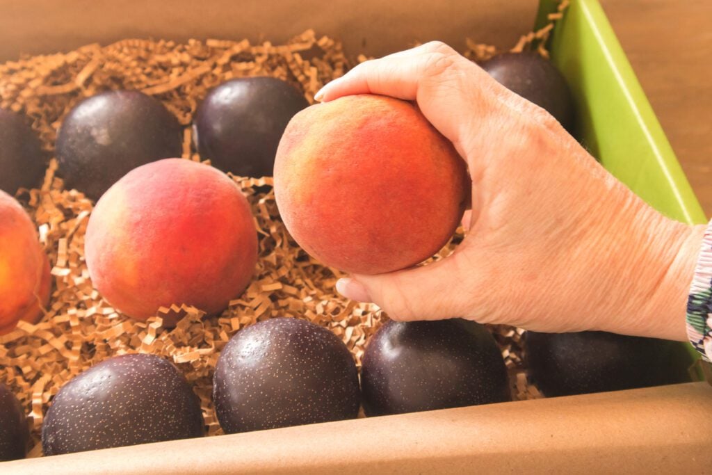 hand holding peach in the fruitful market box