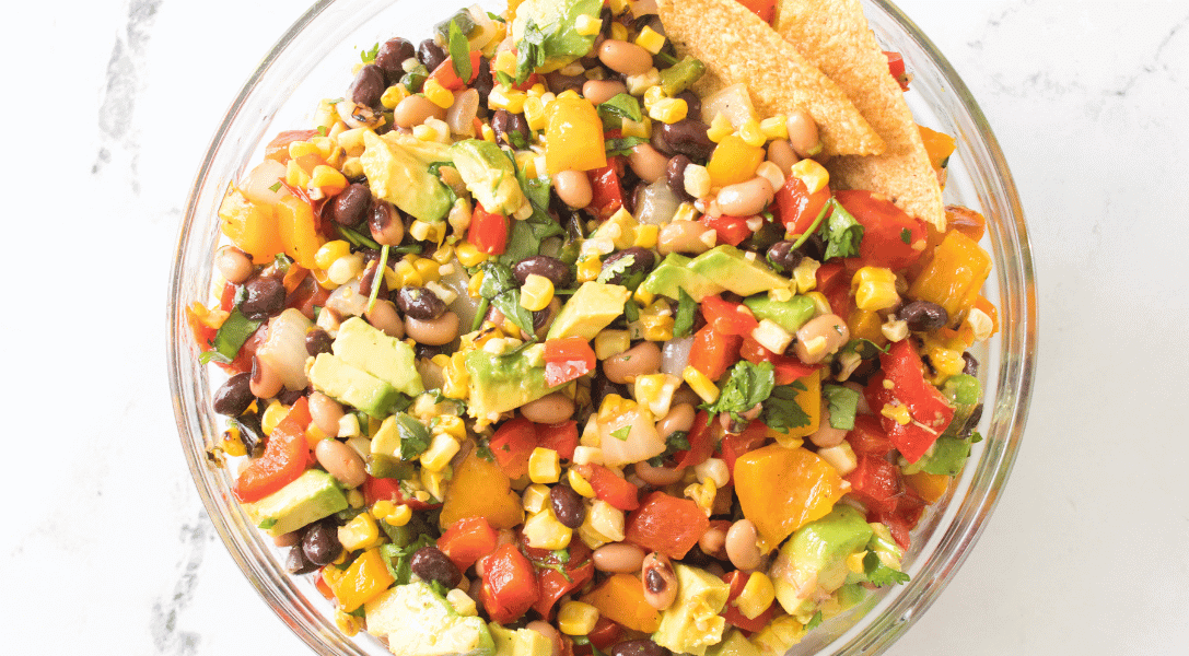 overhead view of Grilled Cowboy Caviar in glass bowl