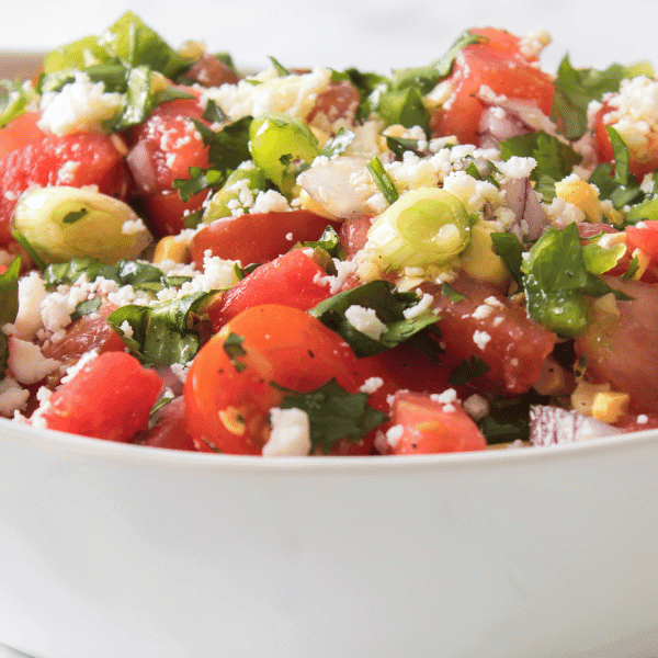 Spicy Tomato and Watermelon Salad in white bowl