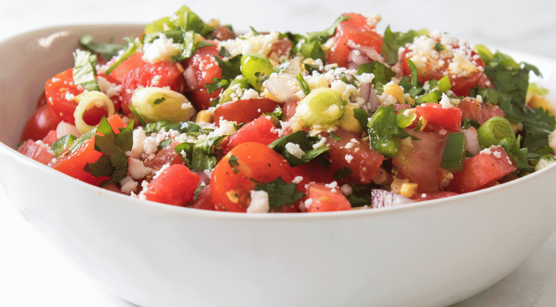 Spicy Tomato and Watermelon Salad in white bowl