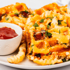 Potato Waffle Fry on plate with ketchup