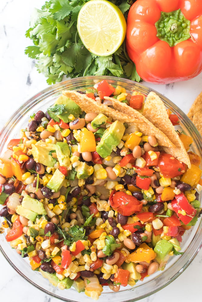 overhead view of grilled cowboy caviar with chips