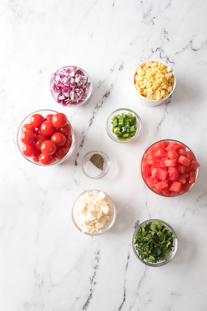 Ingredients for the tomato and watermelon salad