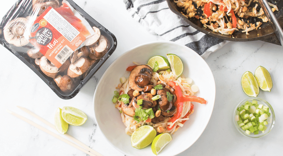 Mushroom Pad Thai in bowl with Sizzling Sautés™ package