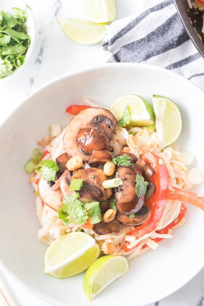 overhead closeup shot of plated pad thai recipe