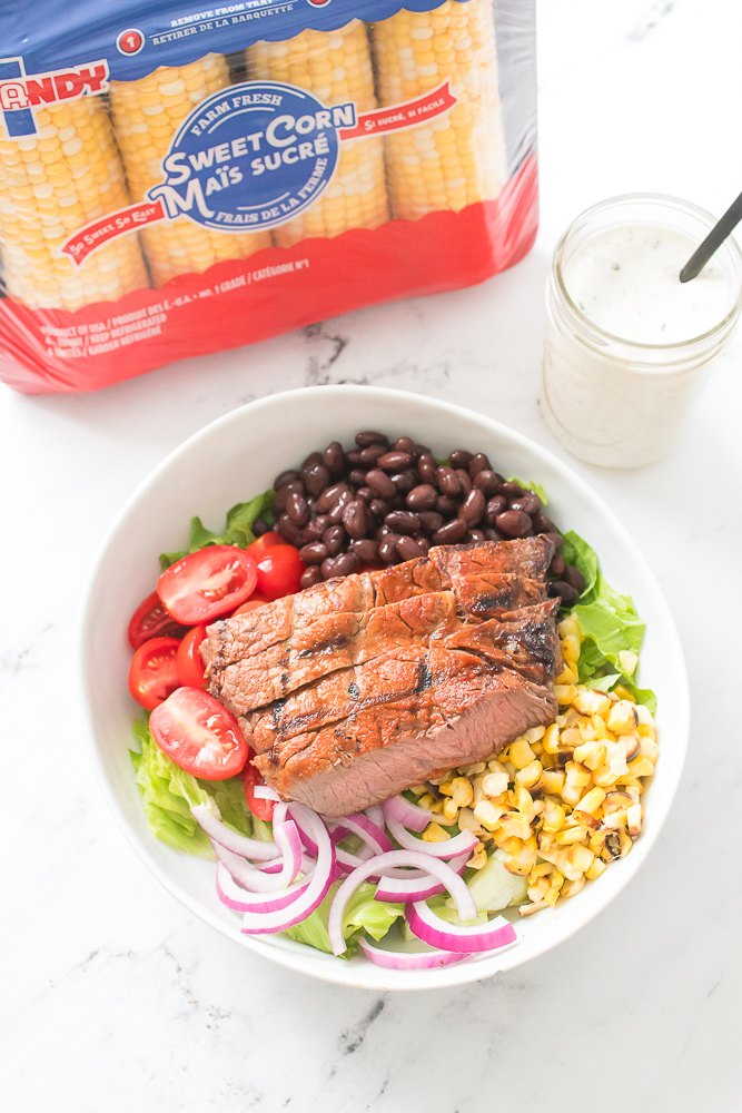 Overhead view of the Grilled Southwestern Steak Salad in a bowl