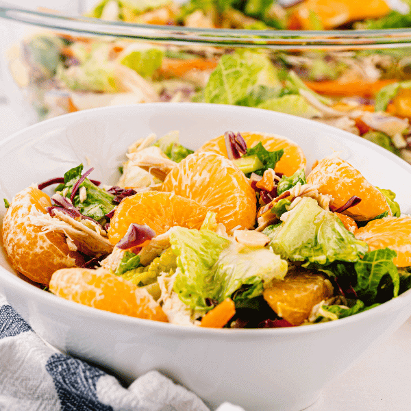 Close up of Mandarin Orange Salad in white bowl