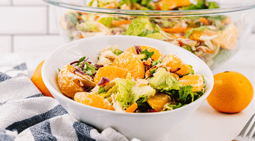 Close up of Mandarin Orange Salad in white bowl