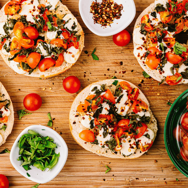 Overhead view of Margherita Pizza Bagels