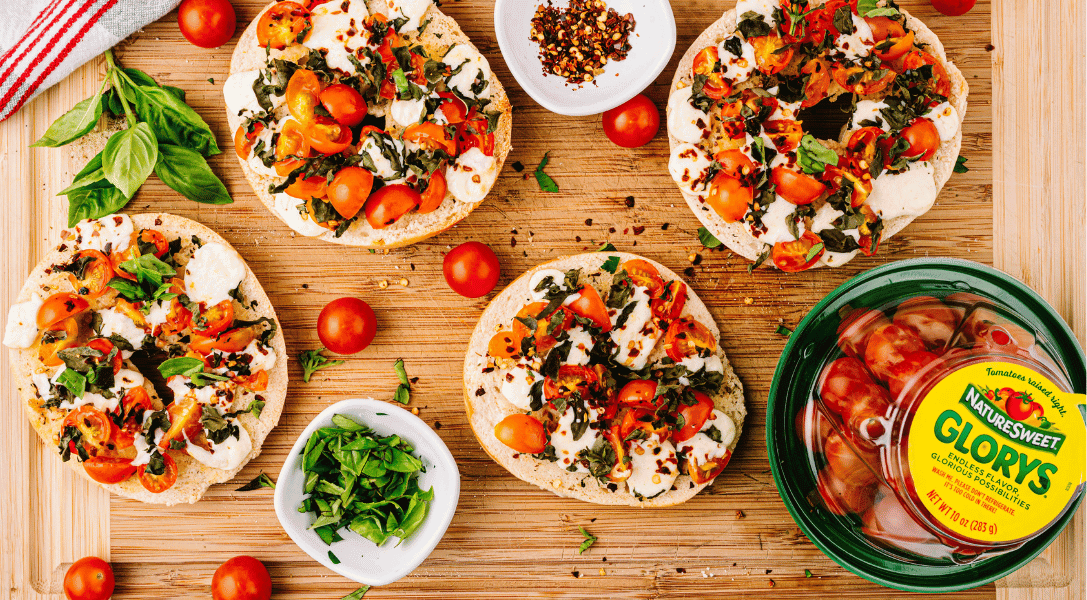 Overhead view of Margherita Pizza Bagels