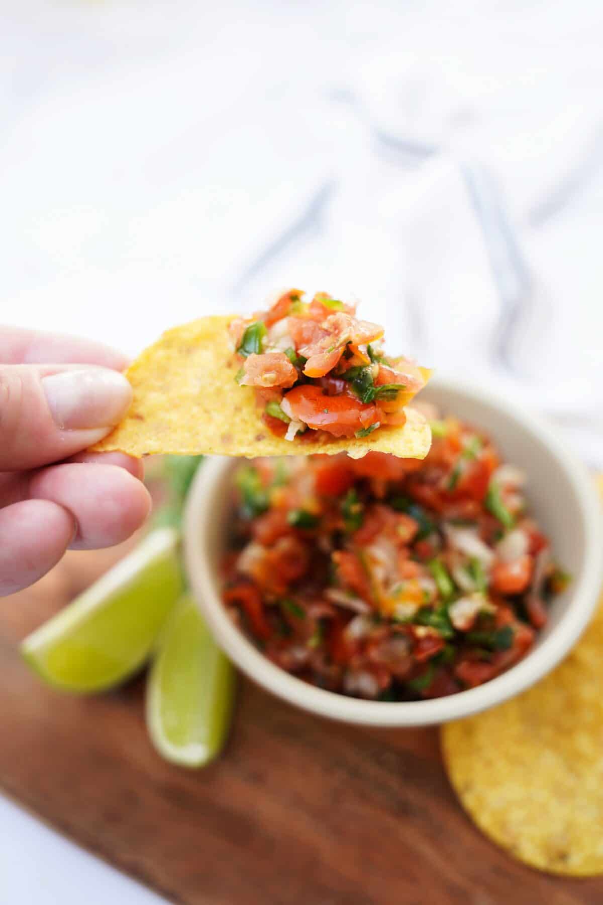 hand holding tortilla chip with fresh homemade salsa