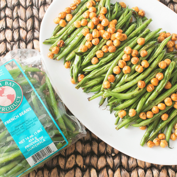 Green Beans with Chickpeas on plate with packaging