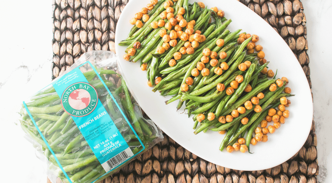 Green Beans with Chickpeas on plate with packaging
