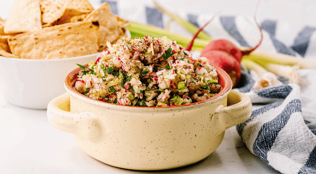 Radish salsa in dish with tortilla chips