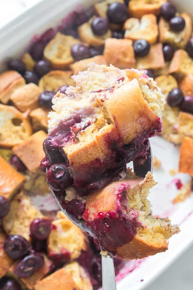 close up of blueberry French toast casserole on a fork