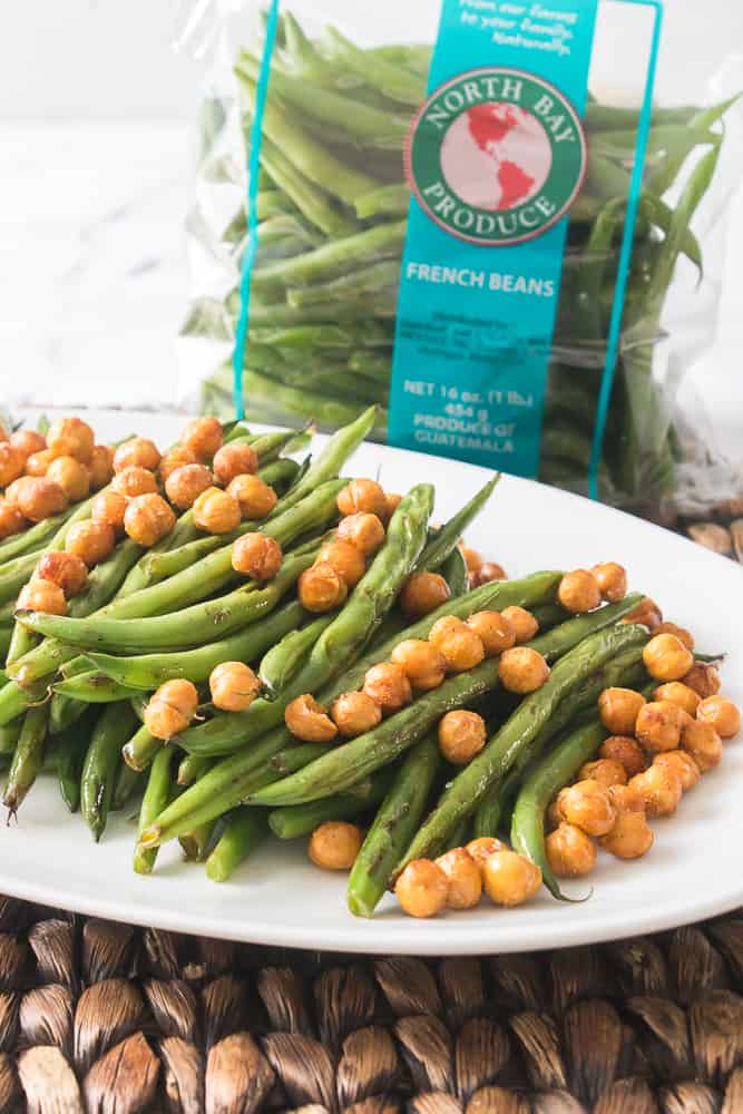 plated green beans with crispy chickpeas