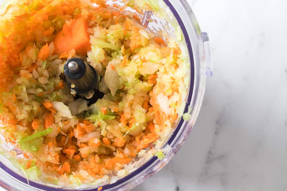carrots, onions and celery chopped in food processor