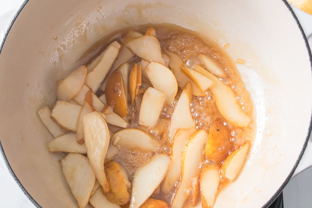 pears in skillet with melted butter and brown sugar