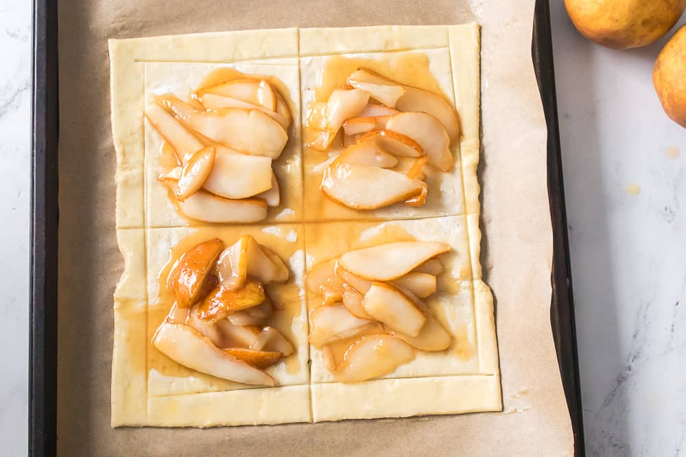 puff pastry topped with caramelized pears