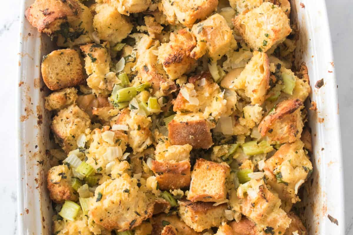homemade stuffing recipe after it's been baked