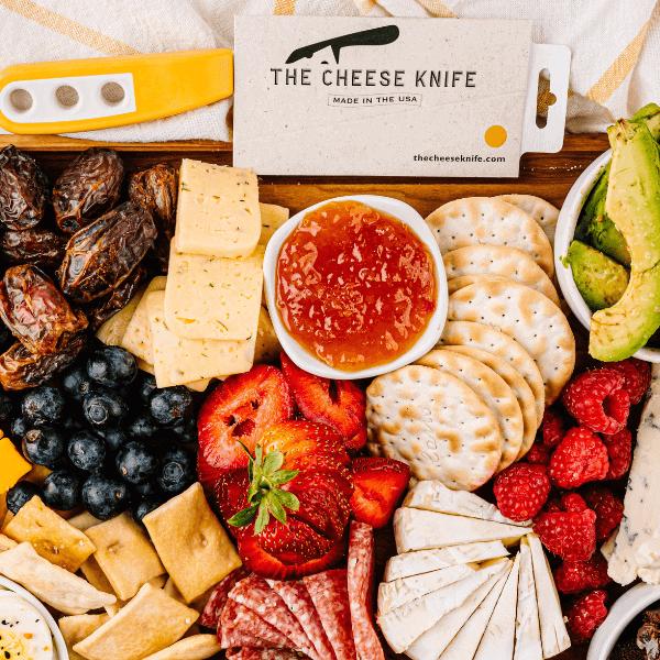 Overhead view of charcuterie board featuring The Cheese Knife