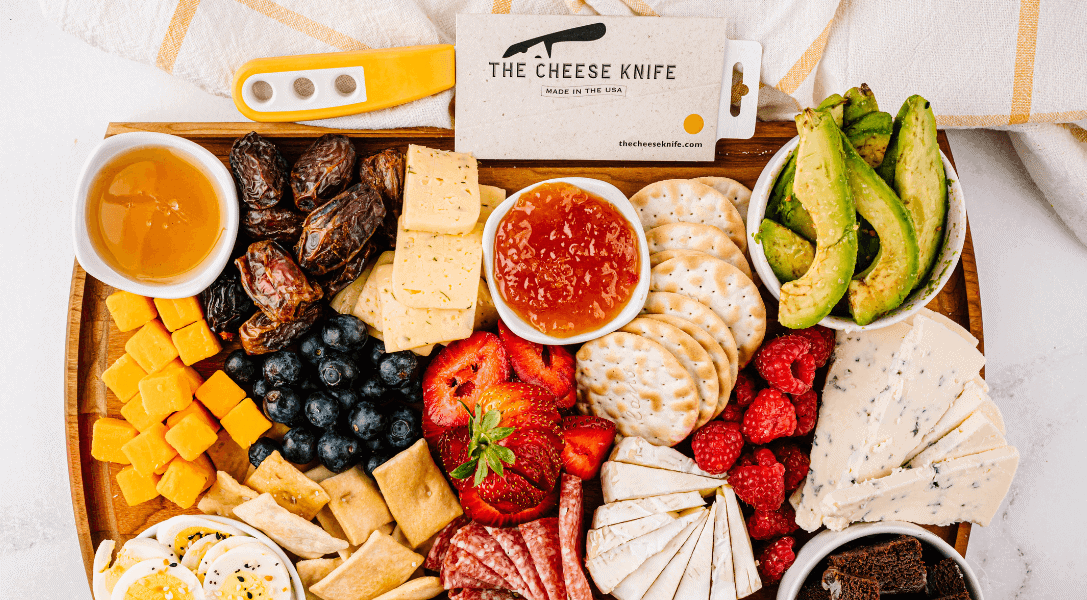 Overhead view of charcuterie board featuring The Cheese Knife