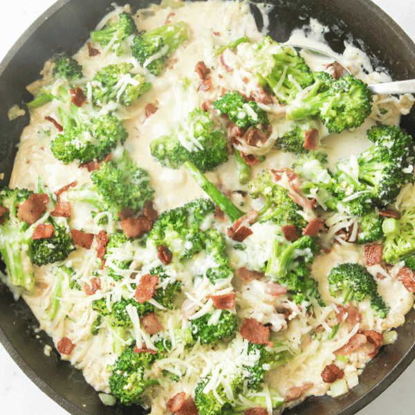 Overhead view of Loaded Broccoli in Creamy Garlic Sauce