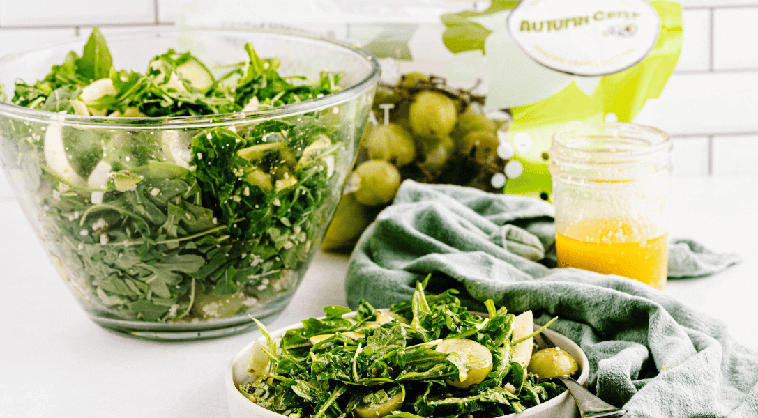 Green Salad Blog Header with AUTUMNCRISP bag in background