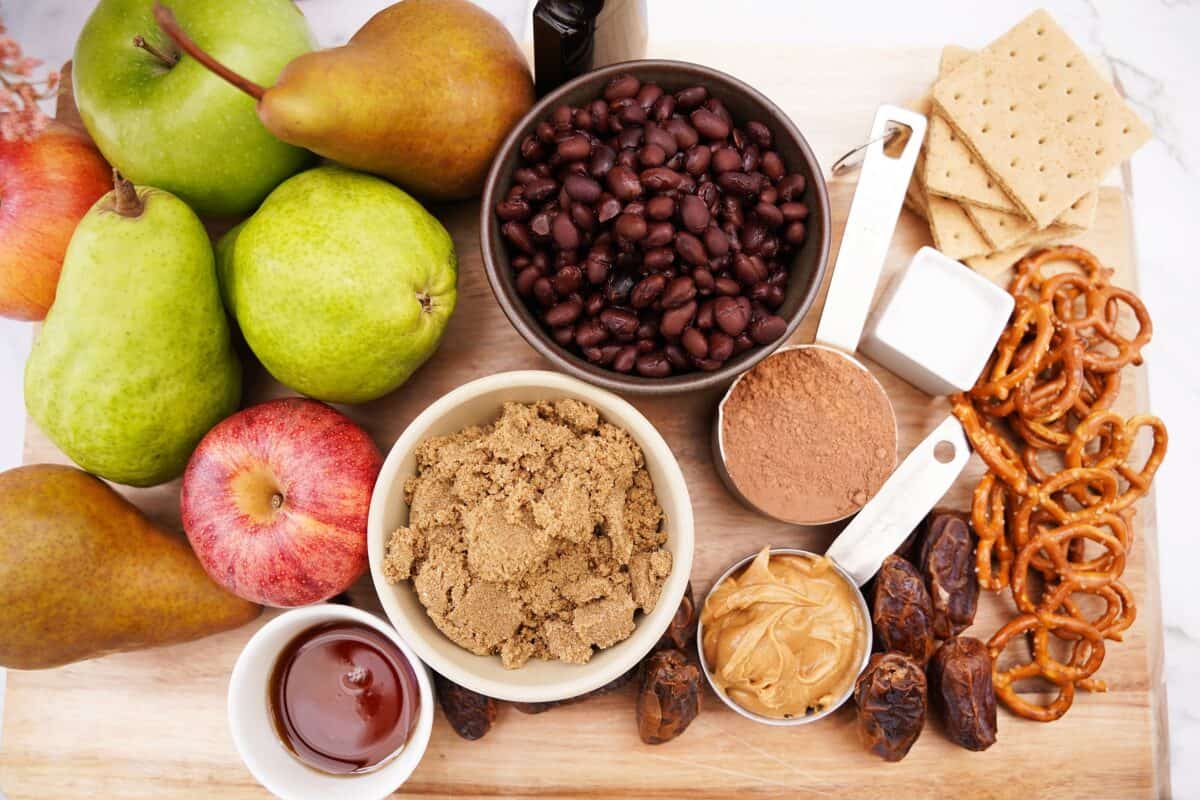 overhead shot of ingredients for chocolate hummus