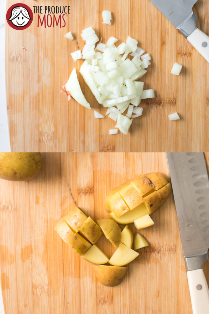 graphic of onions and potatoes chopped on a cutting board