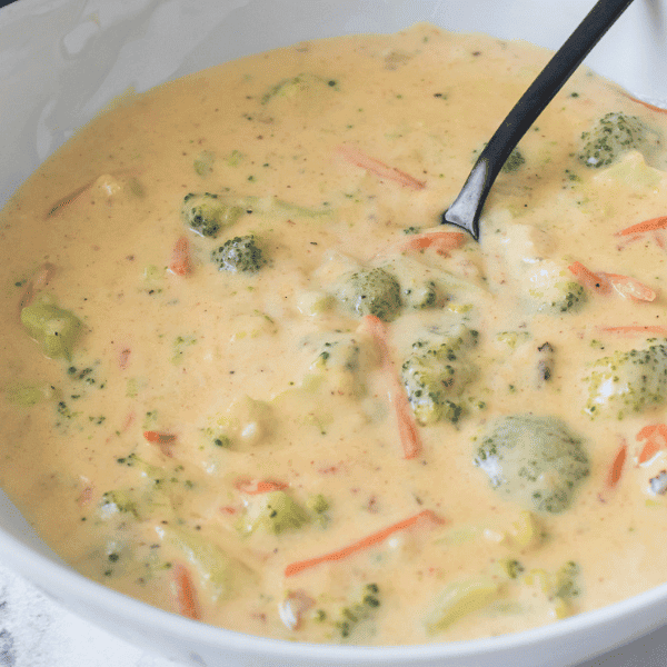 Broccoli Cheddar Soup in bowl with spoon