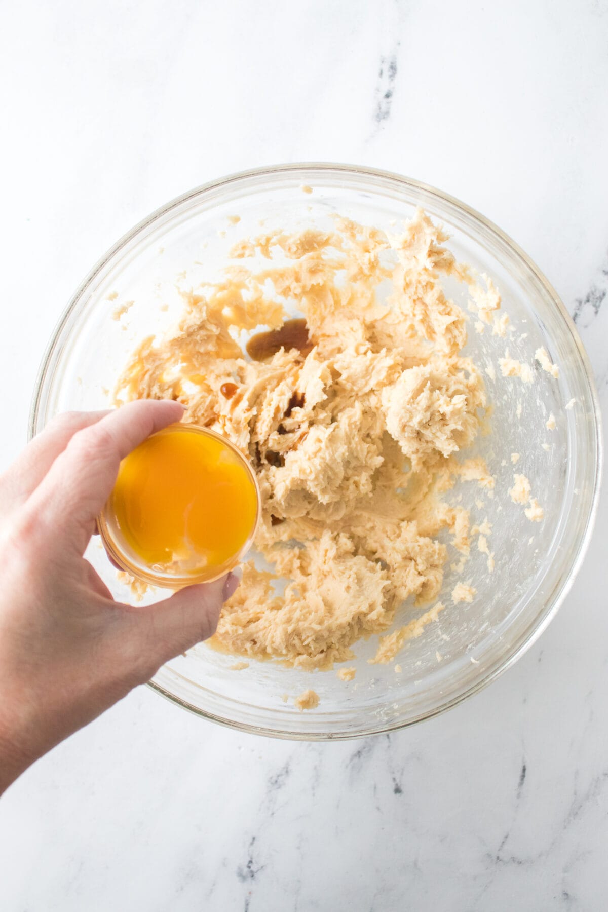 creamed butter with sugar and light brown sugar with vanilla extract and egg yolk being added to glass bowl